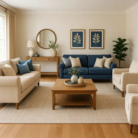 Spacious Living Room with Beige and Blue Sofas