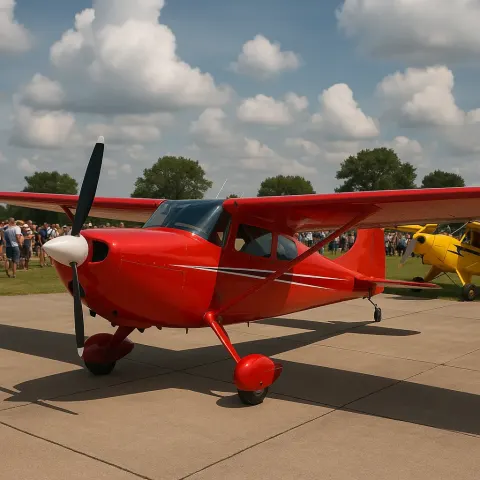 Red Single-engine Aircraft on Display Outdoors Alongside a Yellow Plane