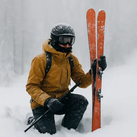 Person Wearing Winter Gear Kneels in Deep Snow While Holding