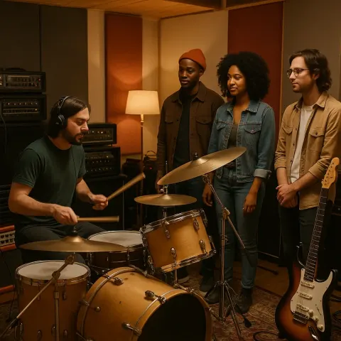 Music Studio with a Drummer Playing Drums and Several People