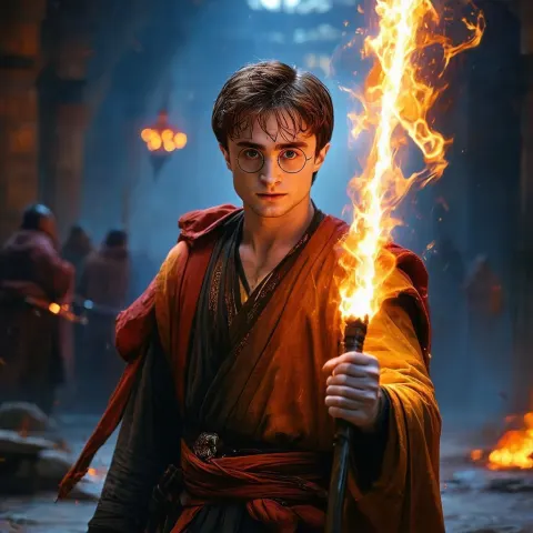 Daniel Radcliffe Cyberpunk Monk With Fire Staff