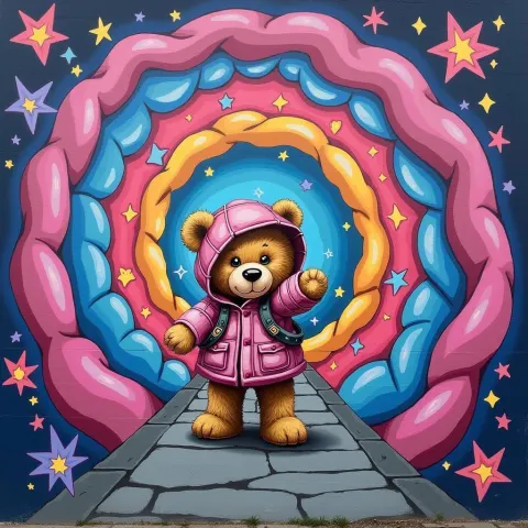 Teddy Bear Mural Through Neon Wonderland Portal