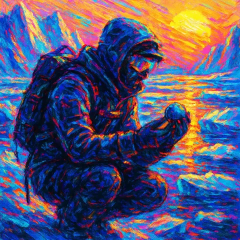 Glitch-art Cyberpunk Explorer Intently Studies a Ballpoint Amidst Converging Arctic