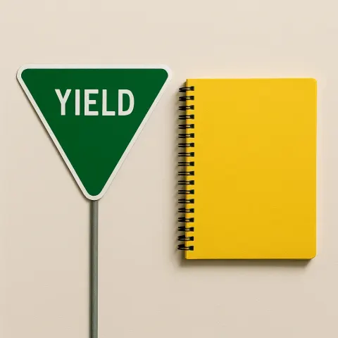 Yellow Notebook Alongside a Green Yield Sign
