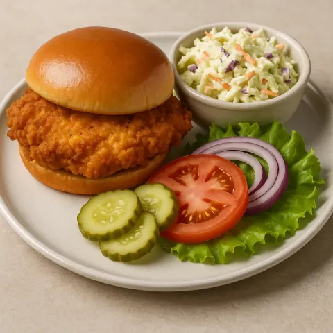 Plate Featuring a Chicken Sandwich with Coleslaw in a Bowl