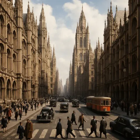 Energetic Street Lined with Grand Neo-Gothic Buildings Reaching
