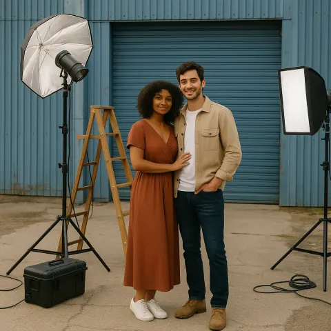 Couple Poses Outdoors for a Photoshoot near a Blue Industrial