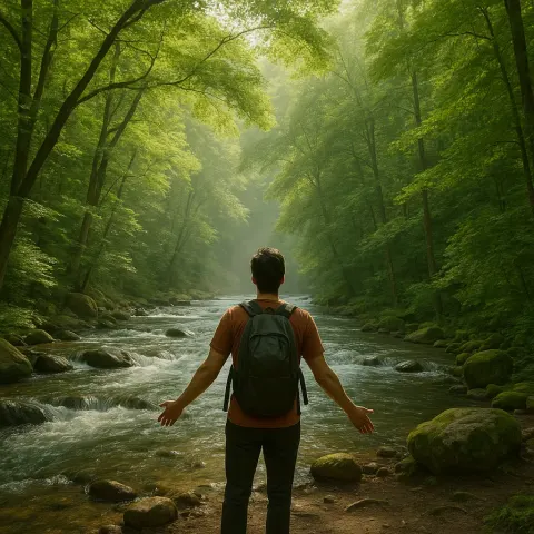 Amidst Vibrant Greenery and Beside a Gently Flowing River