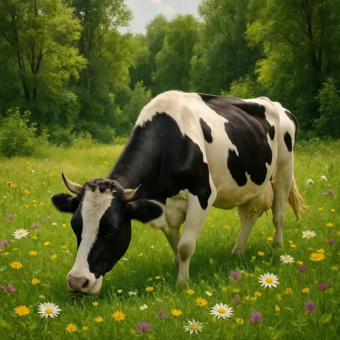 Cow Feeding in a Field Encompassed by Vibrant Flowers
