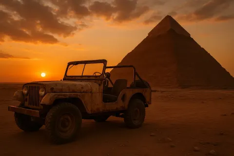 Aged Jeep Stationed Close to the Great Pyramid