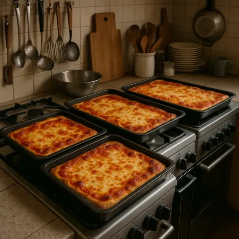 Four Trays of Rectangular Pizzas with Tomato Sauce