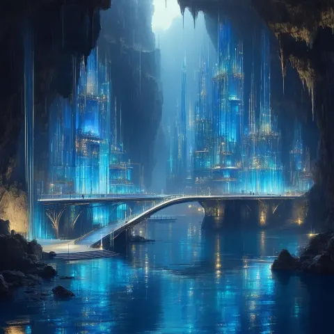Luminous Glass City Inside a Rainy Cavern