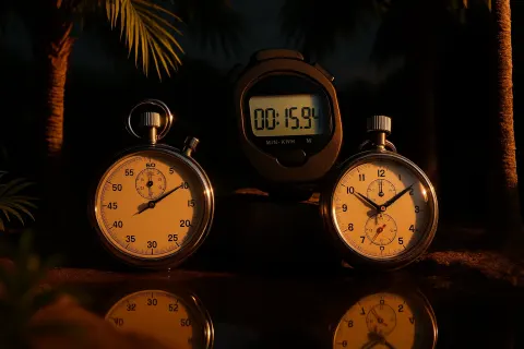 Three Distinct Stopwatches Rest Within a Secluded Oasis