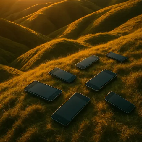 Several 2010s Smartphones Strewn Off Center on Rolling Spring Foothills