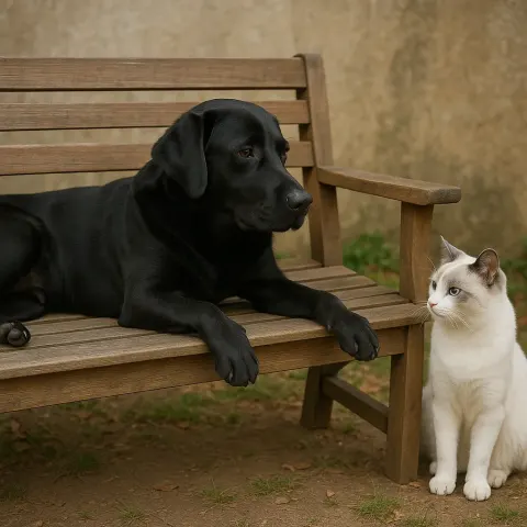 On a Wooden Bench Rests a Black Dog