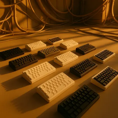Twelve Varied Minimalist Keyboards in a Triangular Array Bask