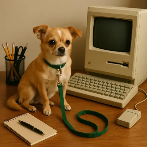 Small Dog with a Green Leash Sits on a Wooden