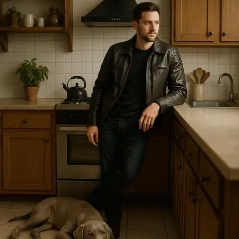 Man Wearing a Black Leather Jacket