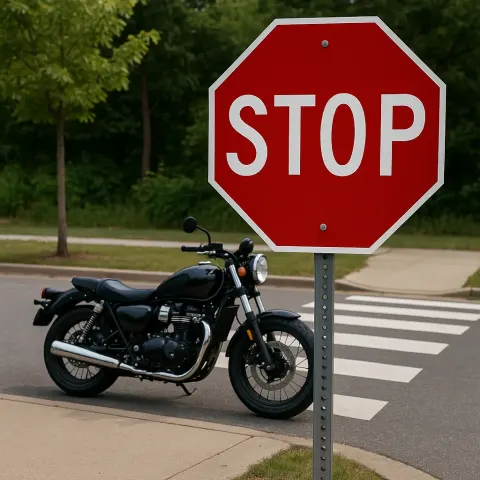 Red Stop Sign Positioned Close to a Parked Motorcycle