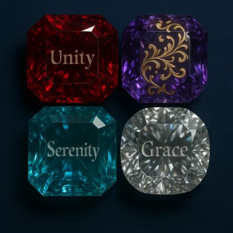 Intricately Detailed 3D Rendering of Four Exquisite Gemstones Arranged