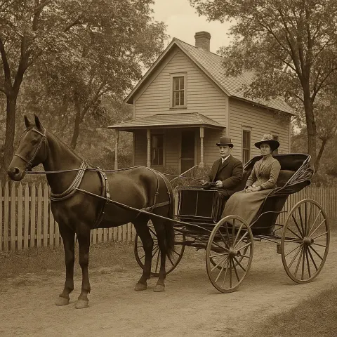 Horse-drawn Carriage with Two Passengers Sits on a Dirt Path
