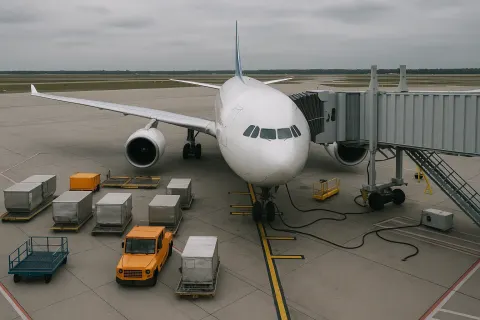 Large Commercial Airplane Docked at an Airport Gate with Cargo