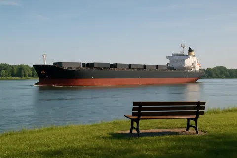 Large Cargo Ship Travels Down a Calm River