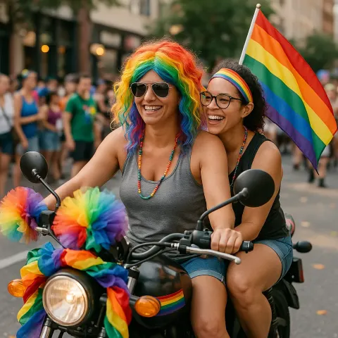 Two Women Riding a Motorcycle Adorned with Rainbow Decorations