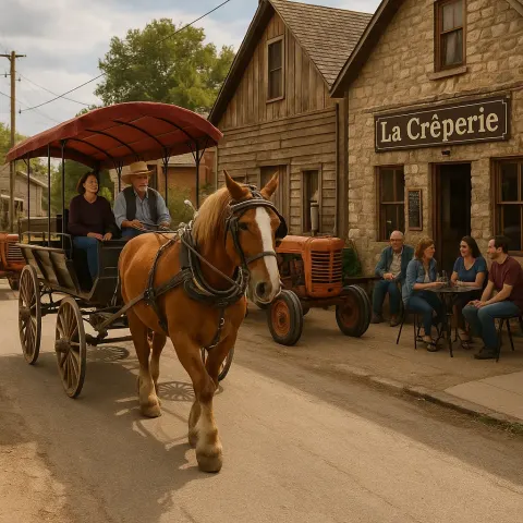 Horse-drawn Carriage Passes Through a Small Rustic Town Street