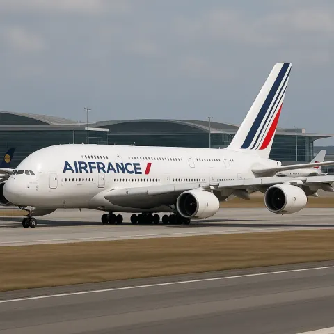 Air France Airbus A380 Taxiing on an Airport Runway