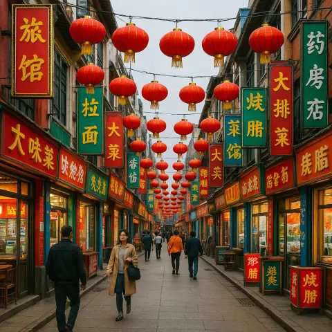 Lively Street in China Filled with Vivid Shops