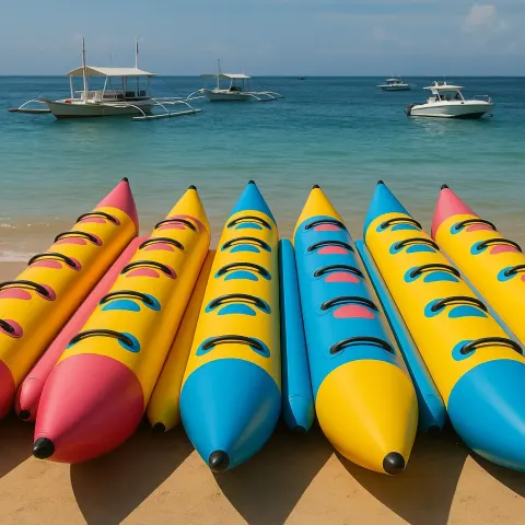 Rows of Colorful Inflatable Banana Boats