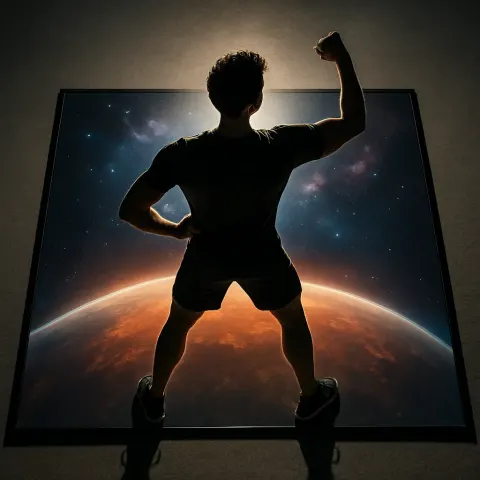 Figure in Sporty Athletic Activewear Assumes a Heroic Iconic Pose
