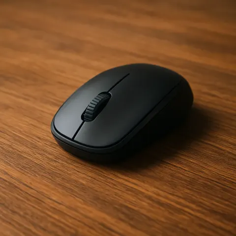 Wireless Computer Mouse Placed on a Desk Made of Wood