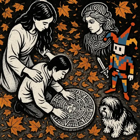 Long-haired Caregiver Attends an East Asian Figure Touching an Aztec