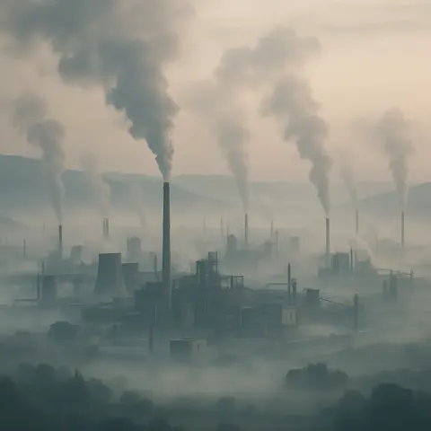 Numerous Distant Plumes of Smoke Rise from a Sprawling Industrial
