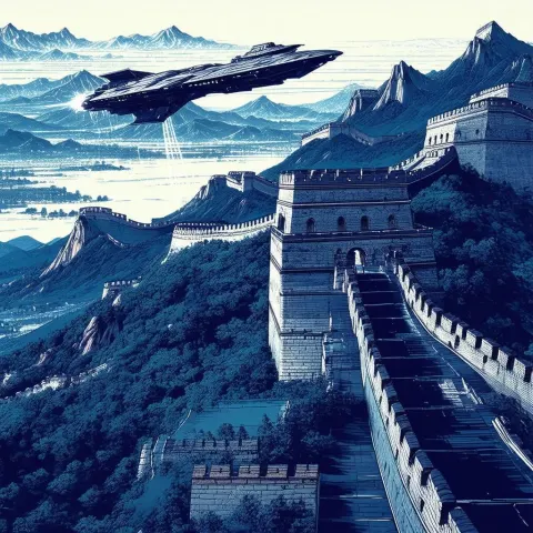 Futuristic Spaceship Landing on the Great Wall