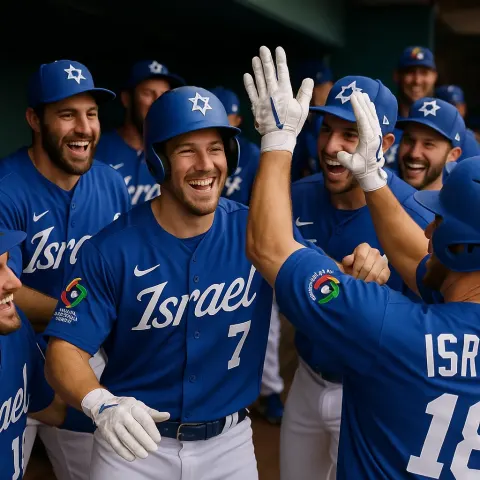 Baseball Players Wearing Team Israel Uniforms Celebrate Together