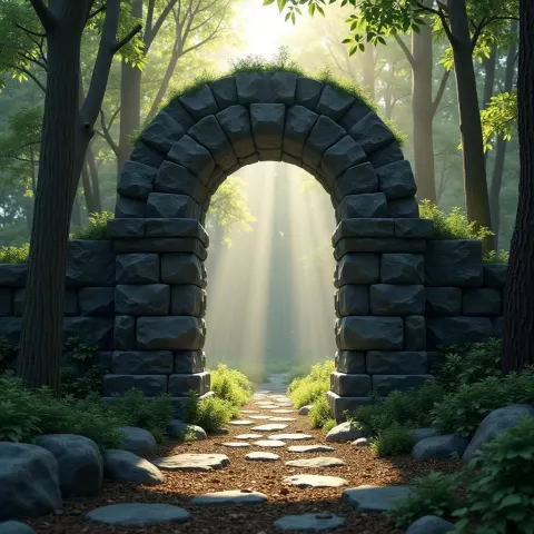 Black Stone Portal Amid Forest Sunbeams