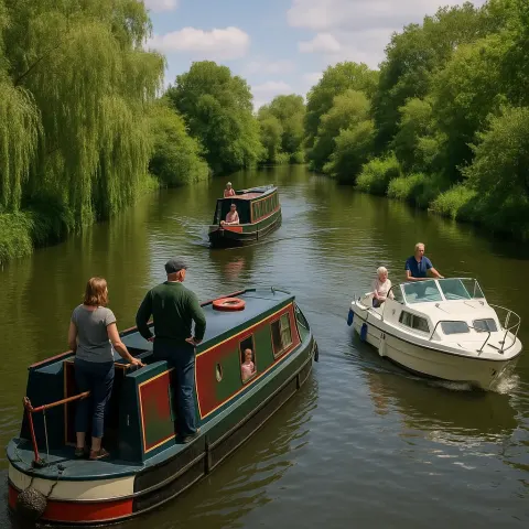 People on Narrowboats and a White Motorboat in a Calm