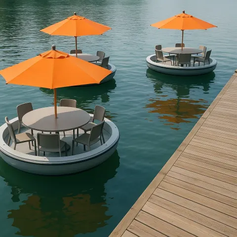 Floating Circular Dining Pods with Orange Umbrellas on a Calm