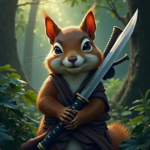 Katana Squirrel Poised in Lush Forest