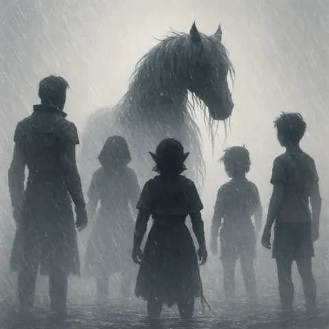 Strongly Backlit Silhouettes of Five Small Human Figures—a Tall Individual