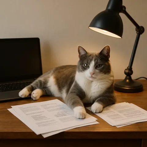 Gray and White Cat Lounging on a Wooden Desk