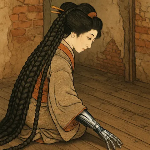 Ukiyo-e Figure with Cascading Intricate Braids Touches a Gleaming Cybernetic
