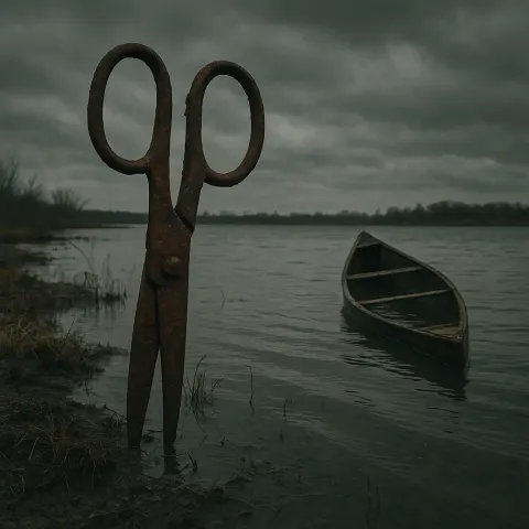 Depict a Bleak Atmosphere with Corroded Scissors and a Canoe