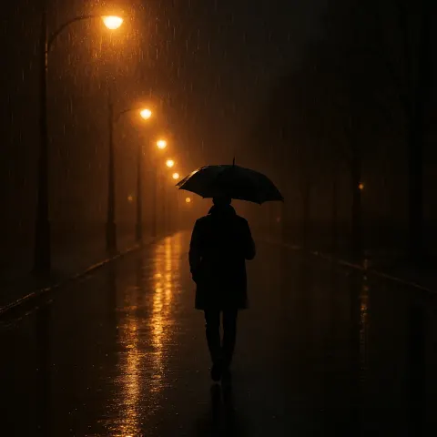 Lone Figure Walks on a Wet Street under Glowing Streetlights