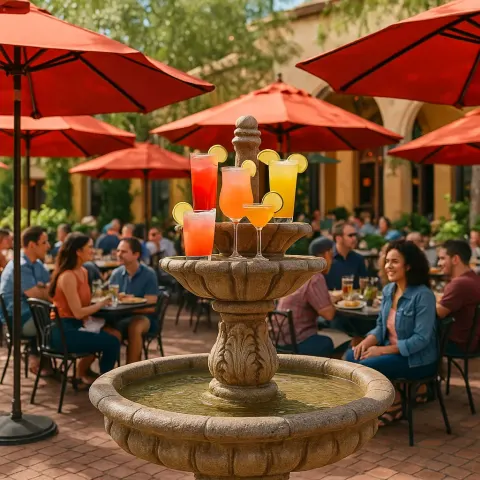 Lively Outdoor Patio Scene with a Stone Fountain Holding Colorful