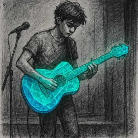 Charcoal Drawing of a Young Guitarist Performing on a Simple