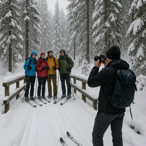 Group of Skiers Pause on a Wooden Snow-covered Bridge